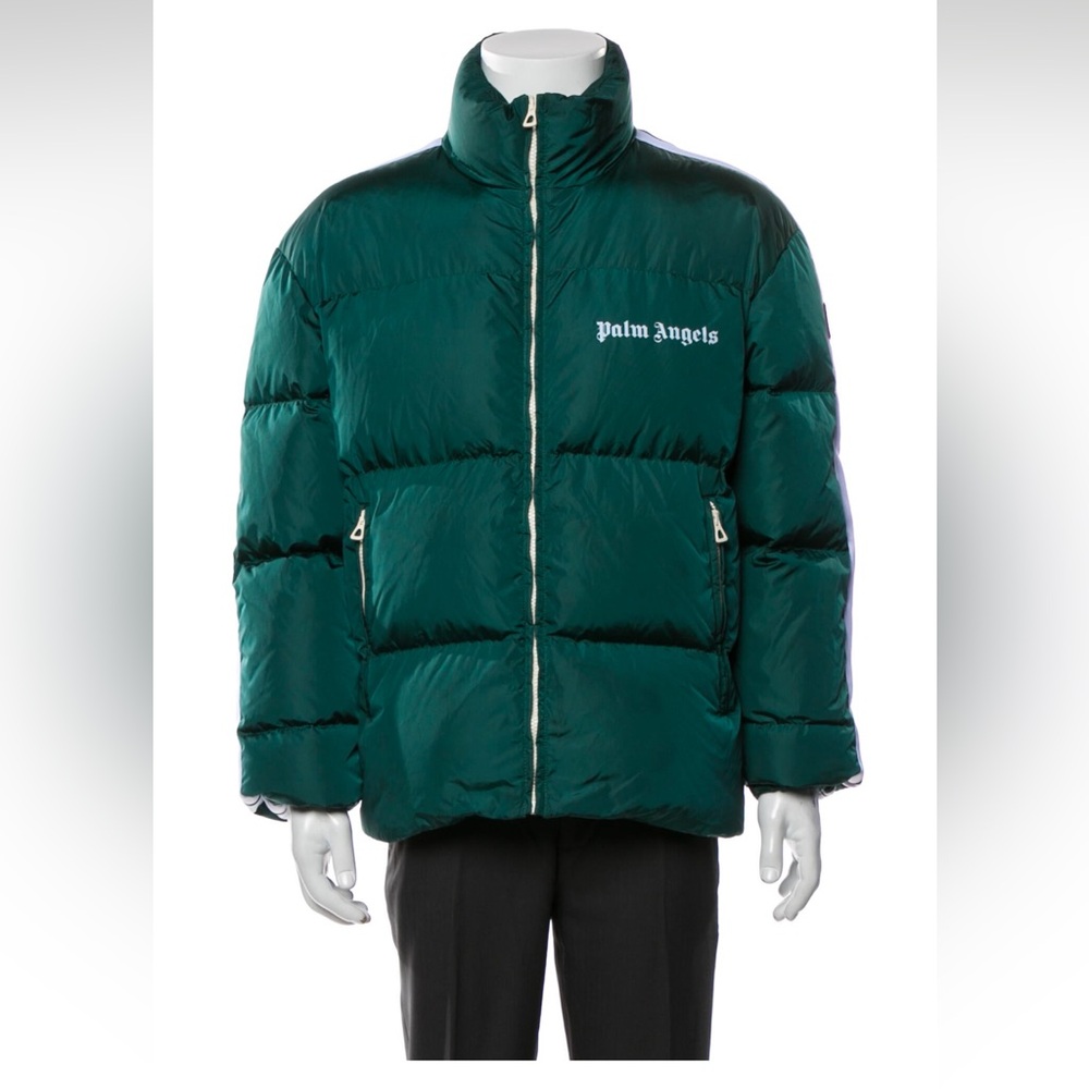 Palm Angels Green Puffer Jacket with High Collar and Full-Length Zipper